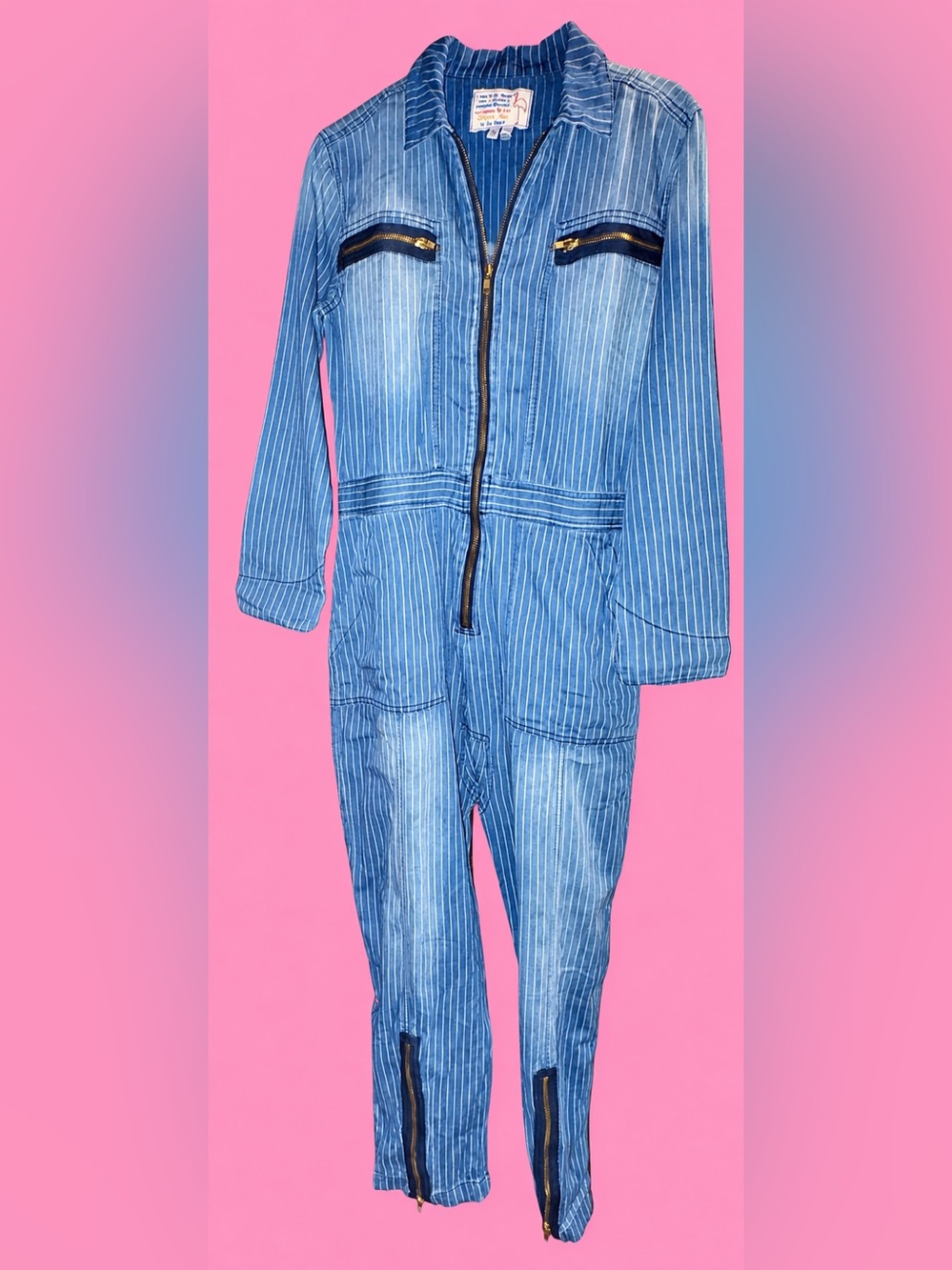 Free People x Sandrine Rose Striped Blue Women's Jumpsuit with Front Zip